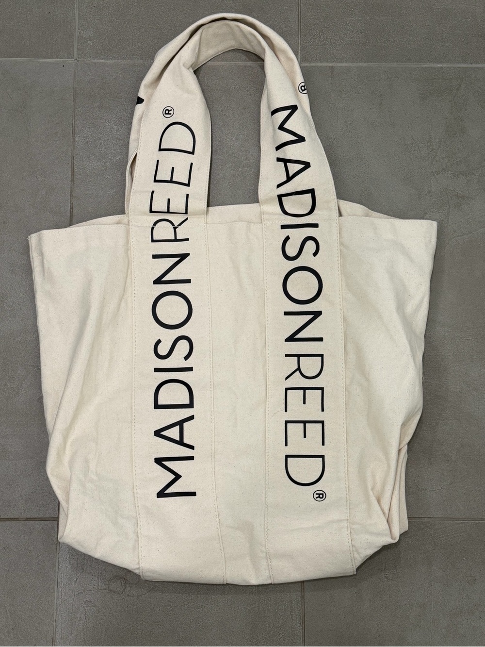 Madison Reed Cream Canvas Tote with Black Logo Straps